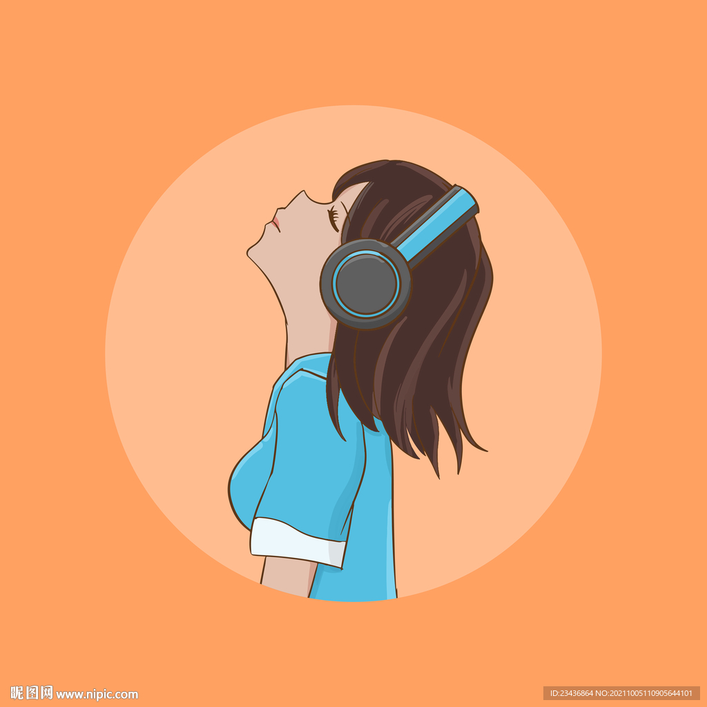 年轻漂亮女孩用耳机听音乐的肖像-千叶网