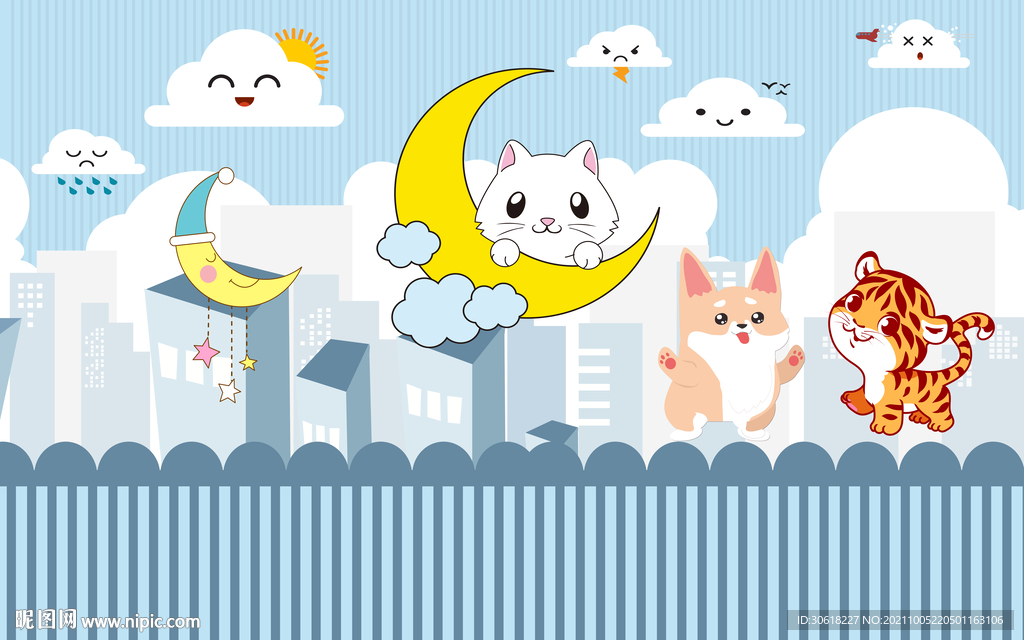 北欧手绘卡通儿童房背景墙