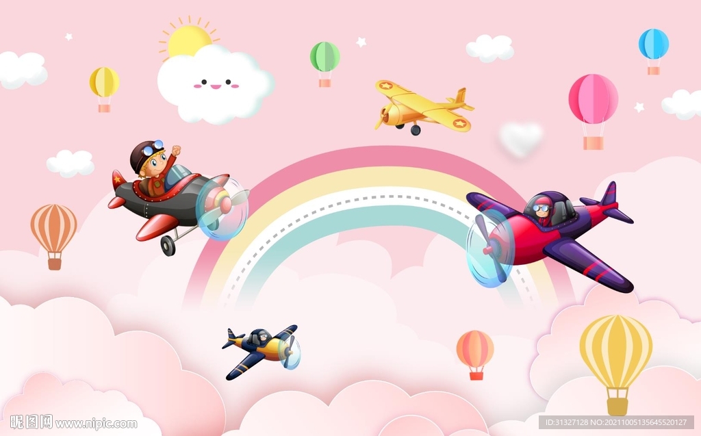 卡通气球小飞机儿童房背景墙图片