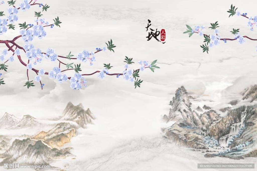 工笔花鸟天地人和背景墙