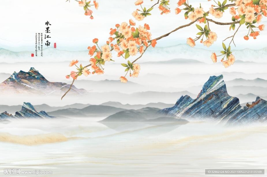 中式花鸟江南春背景墙