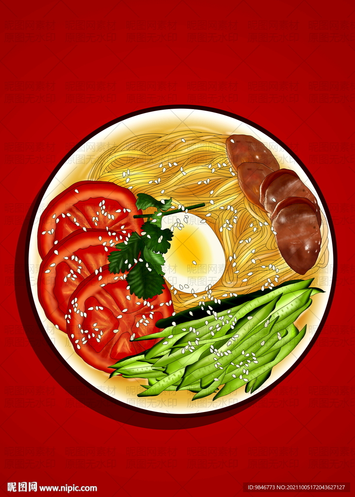 冷面 韩式 三鲜面 手绘插画