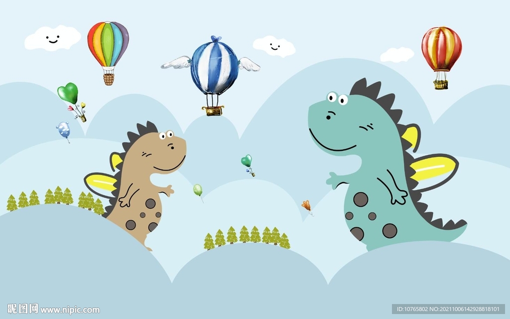 卡通恐龙气球儿童房背景墙壁画