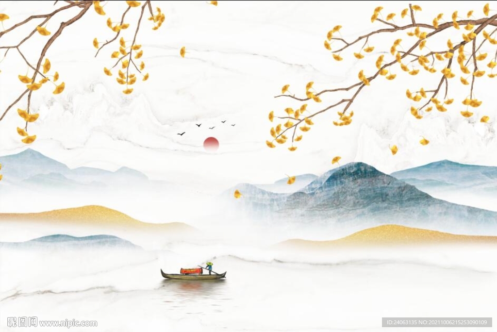 银杏金箔山水背景墙