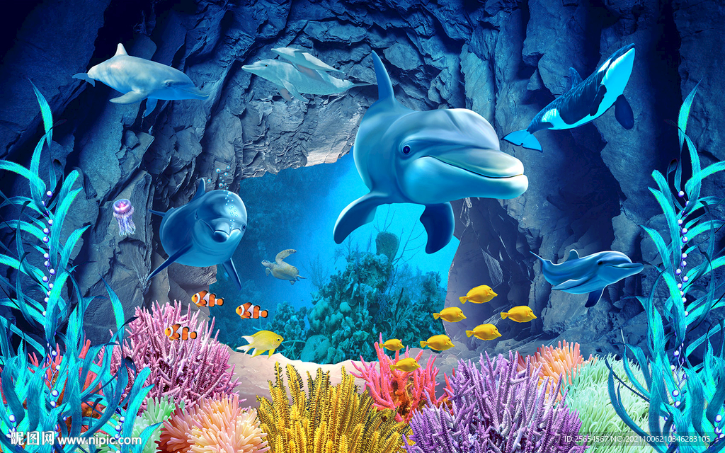 3D海底世界海豚背景墙壁纸壁画