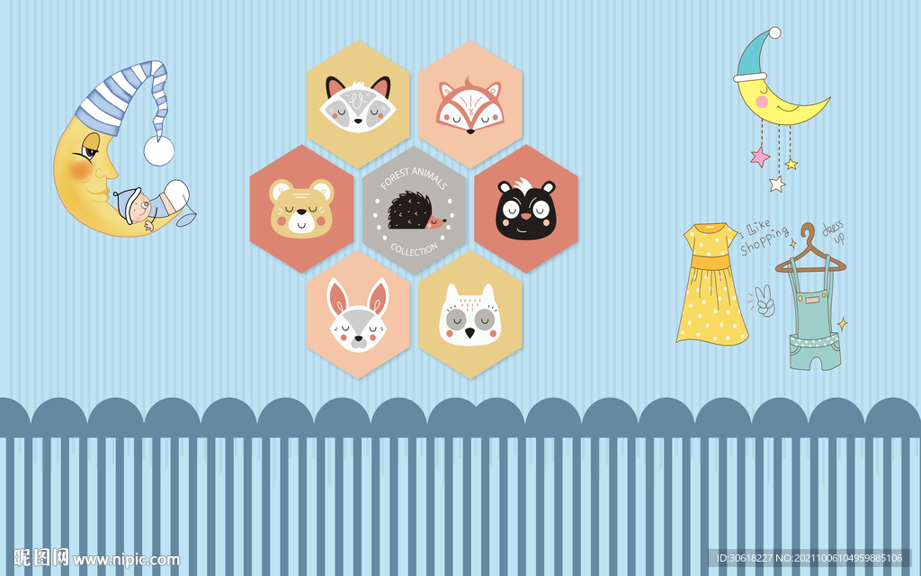 北欧手绘卡通儿童房背景墙