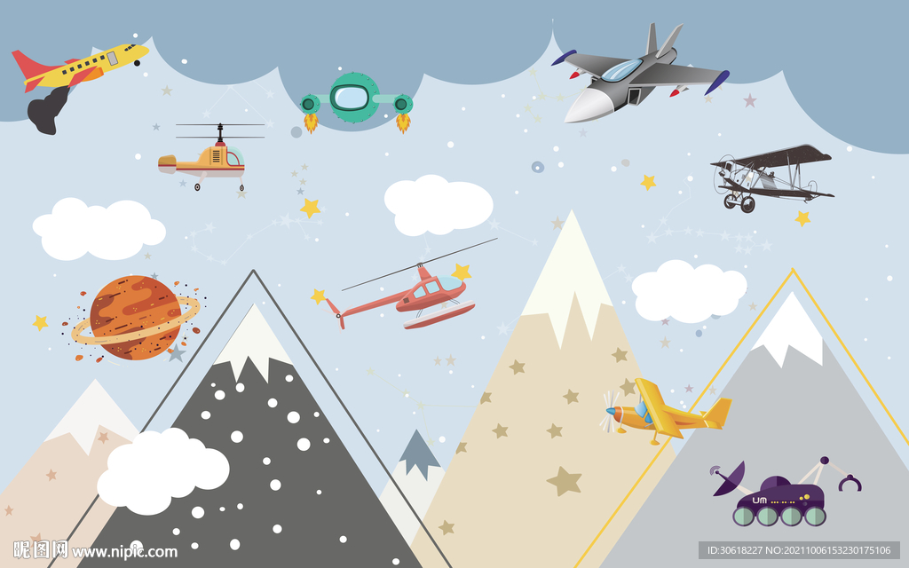 北欧手绘卡通儿童房背景墙