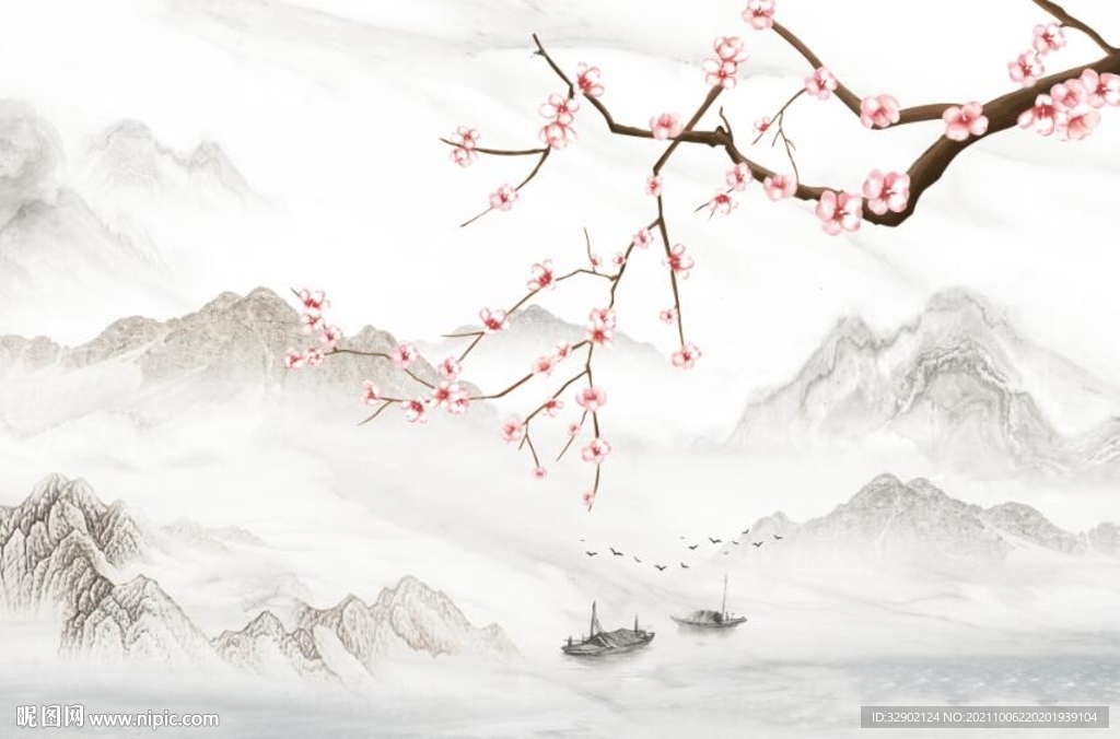 新中式梅花山水背景墙