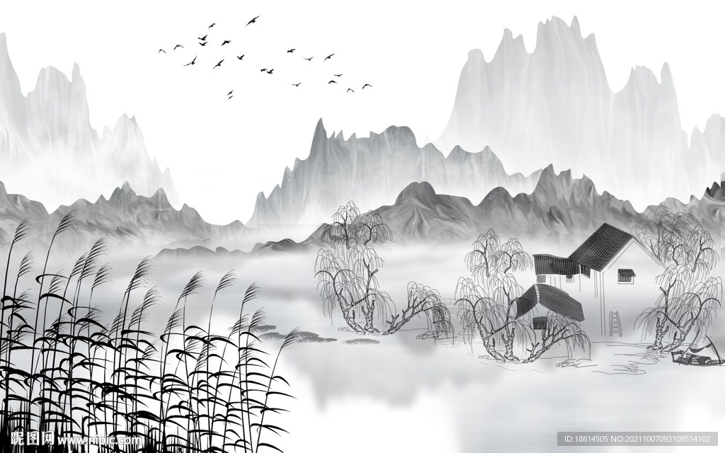 新中式水墨山水背景墙