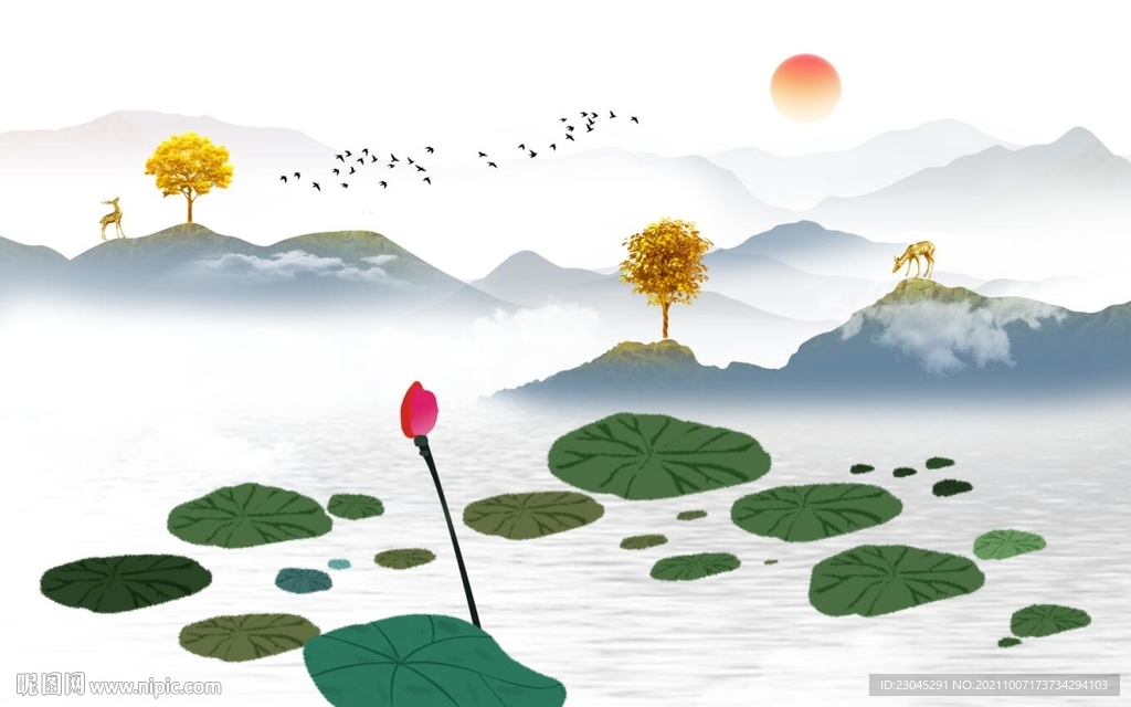 旭日东升新中式荷花山水背景墙