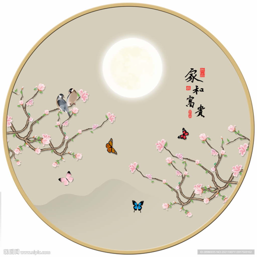 新中式玉兰工笔花鸟圆形装饰画