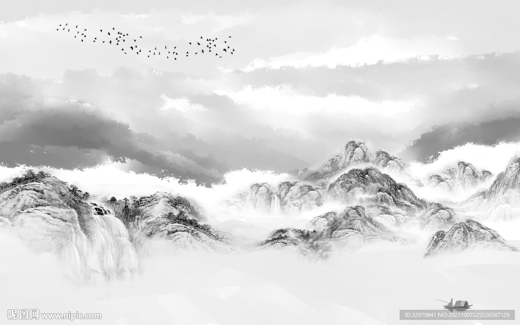 流水最新灰色山水 文件分层 