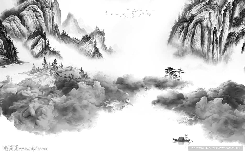 中式 最新灰色山水 文件分层 