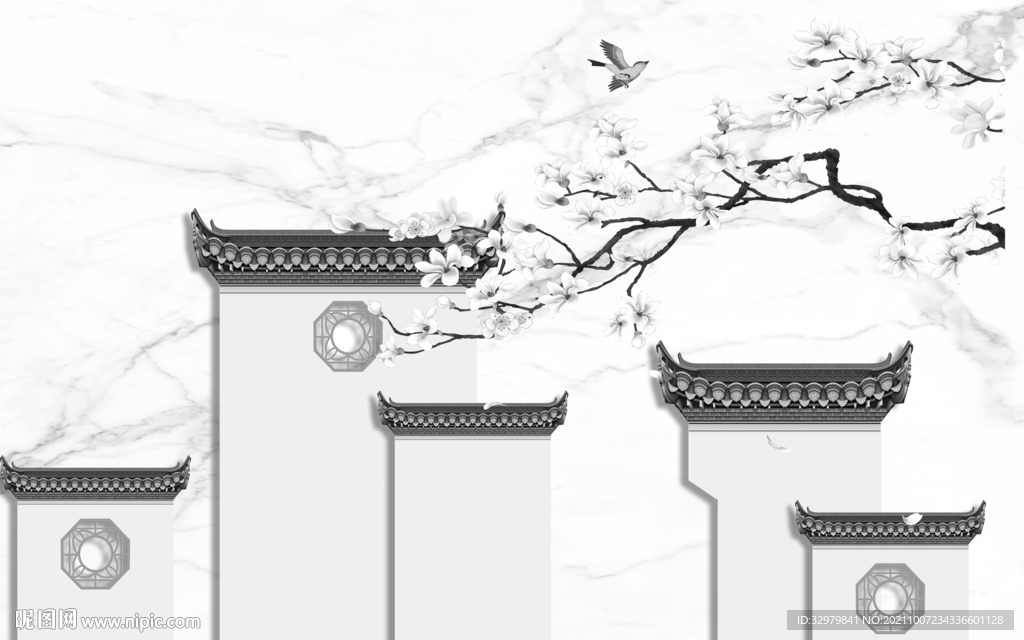 徽派 最新灰色山水 文件分层 