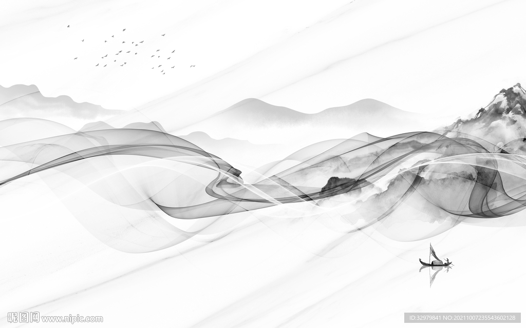 线条最新灰色山水 文件分层 