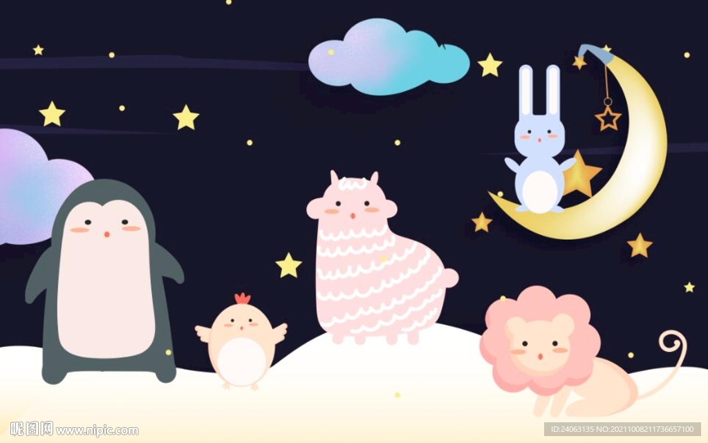 可爱动物月夜壁画
