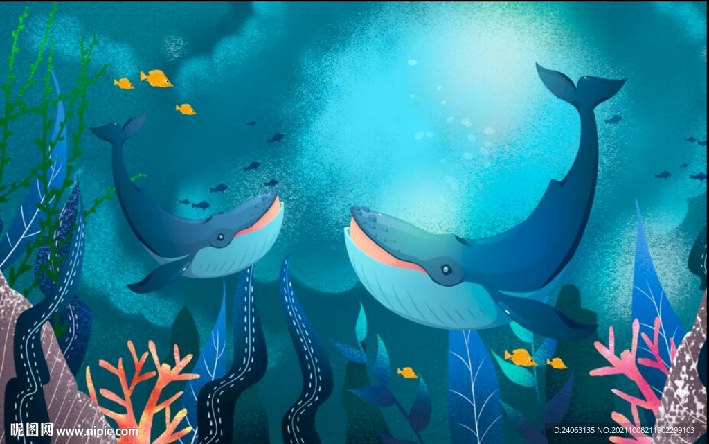 卡通手绘鲸鱼壁画