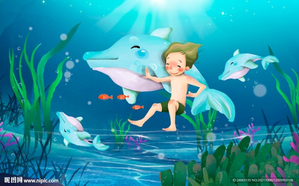 卡通手绘海豚壁画