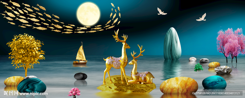 晶瓷画 麋鹿 石头