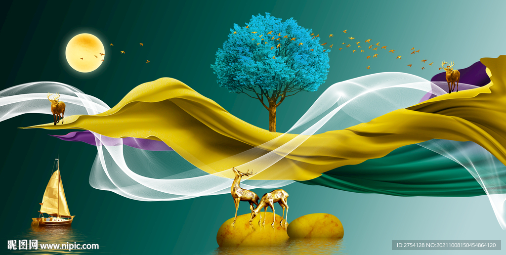 晶瓷画 麋鹿 抽象飘带