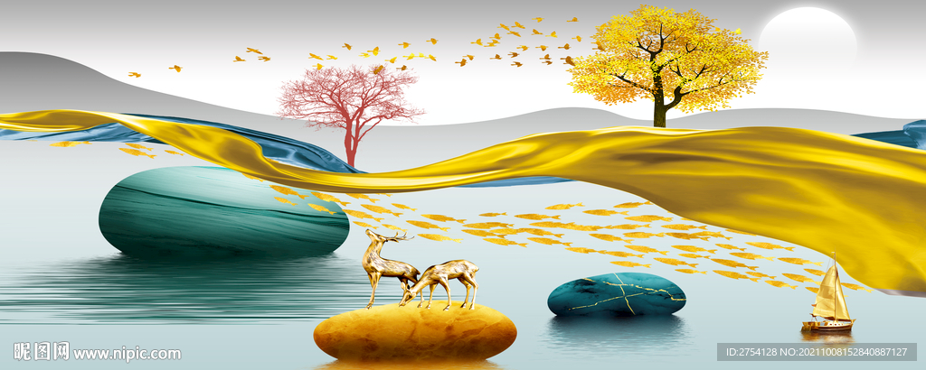 晶瓷画 麋鹿 飘带