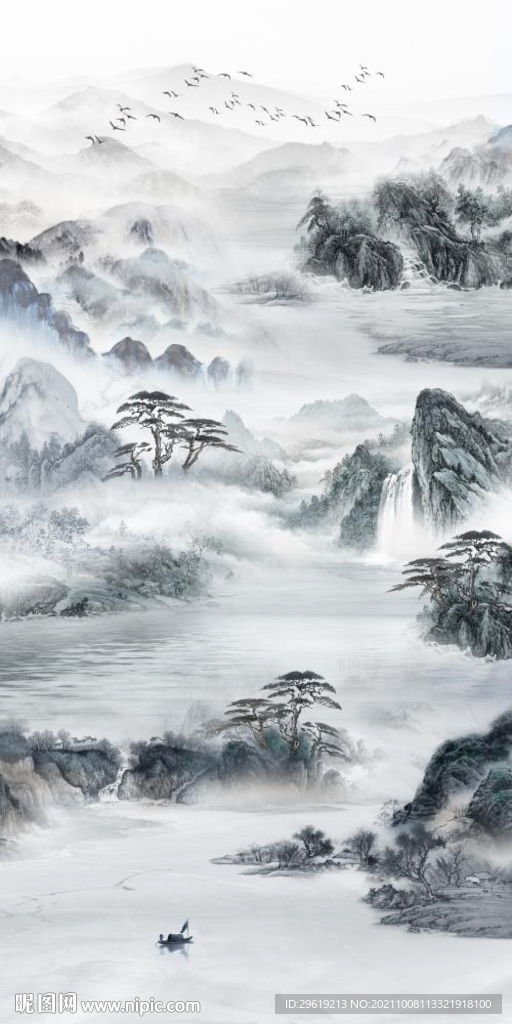 新中式山水大理石复式楼玄关壁画