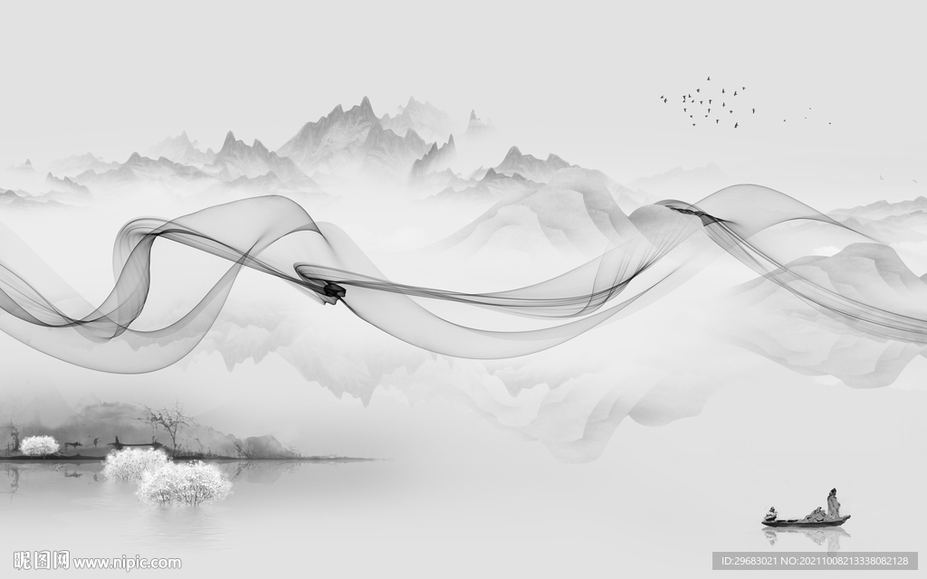 新中式风景灰色山水 tif分层