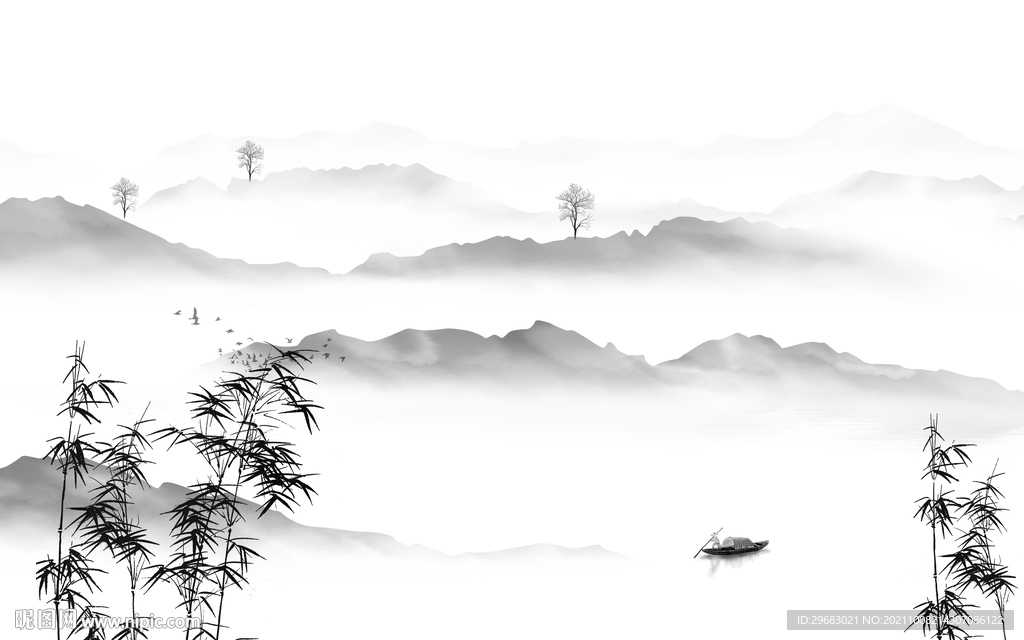 中式 风景灰色山水 tif分层