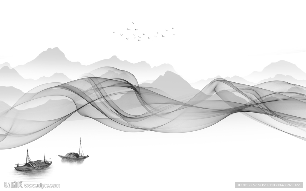 线条灰色山水图 TIF分层画