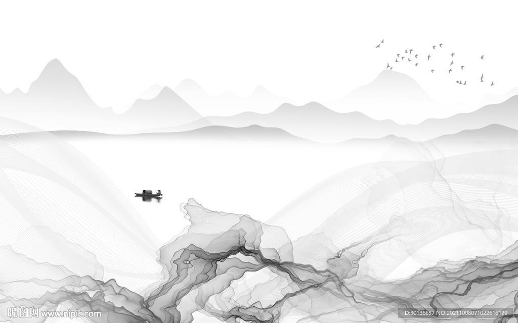 中式 灰色山水图 TIF分层画