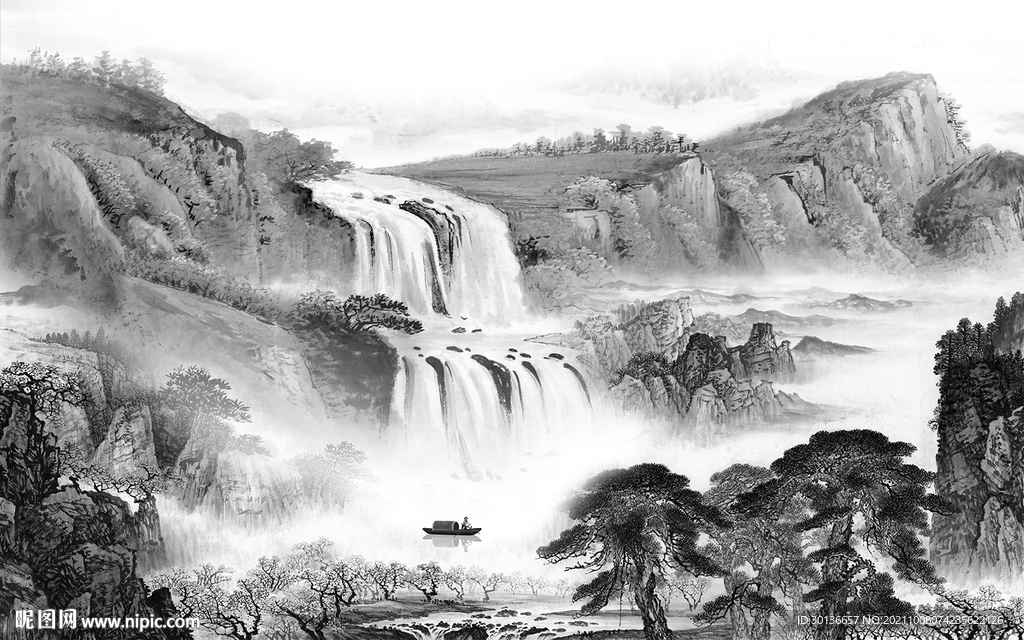 爆款 客厅灰色山水 TIF分层