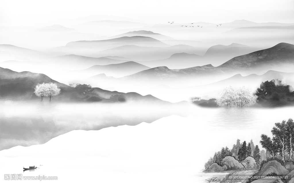 中国风灰色山水图 TIF分层画
