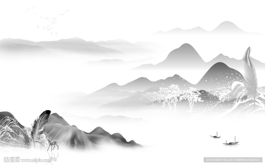 高清 灰色山水图 TIF分层画