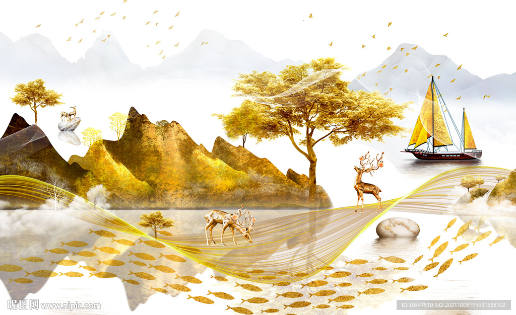 轻奢山水发财树一帆风顺背景墙