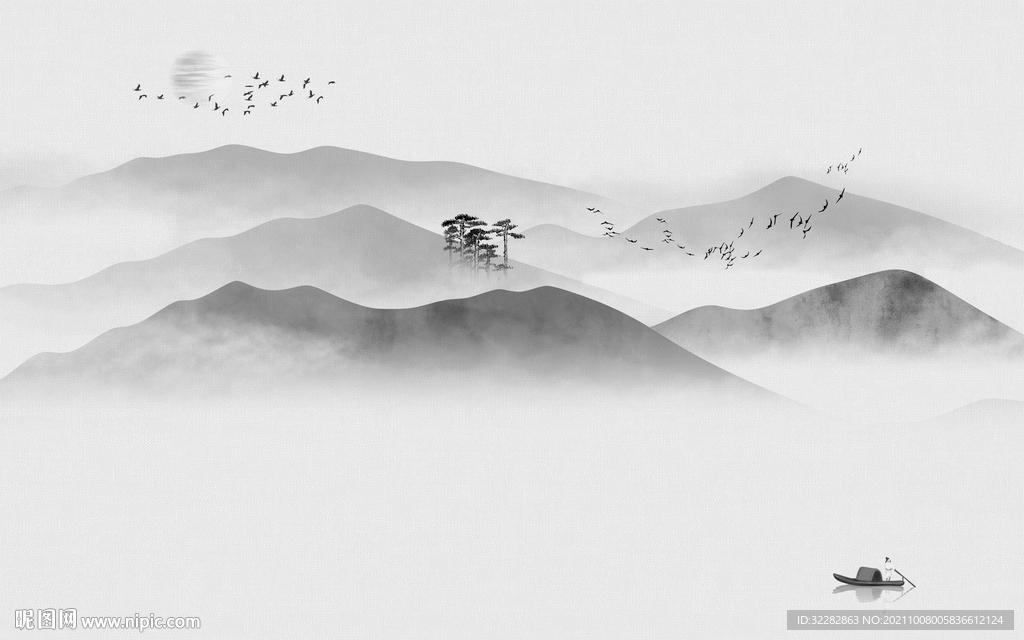 中国风简约灰色山水 TIF分层