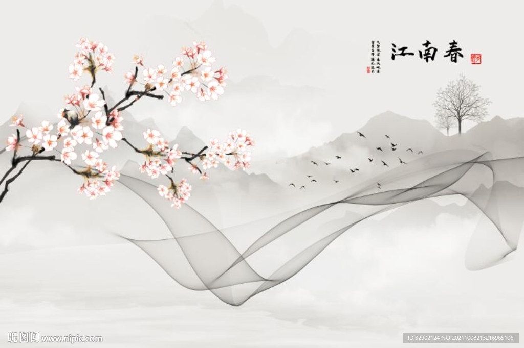 曲线山水江南春背景墙