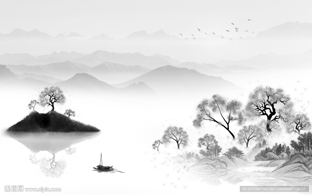 高清 最新灰色山水 文件分层 