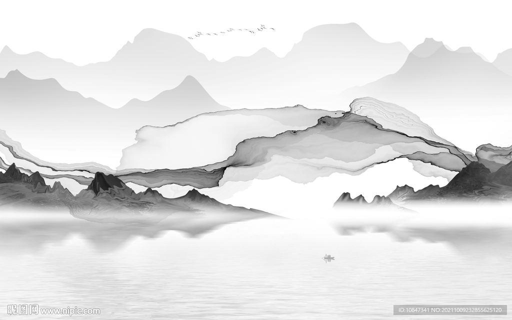 中式 灰色山水图 TIF分层画