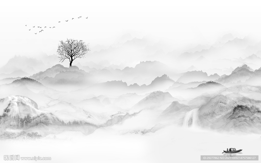 中式 客厅灰色山水 tif分层