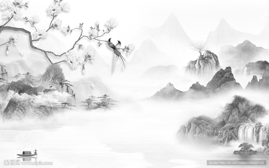 花鸟客厅灰色山水 tif分层