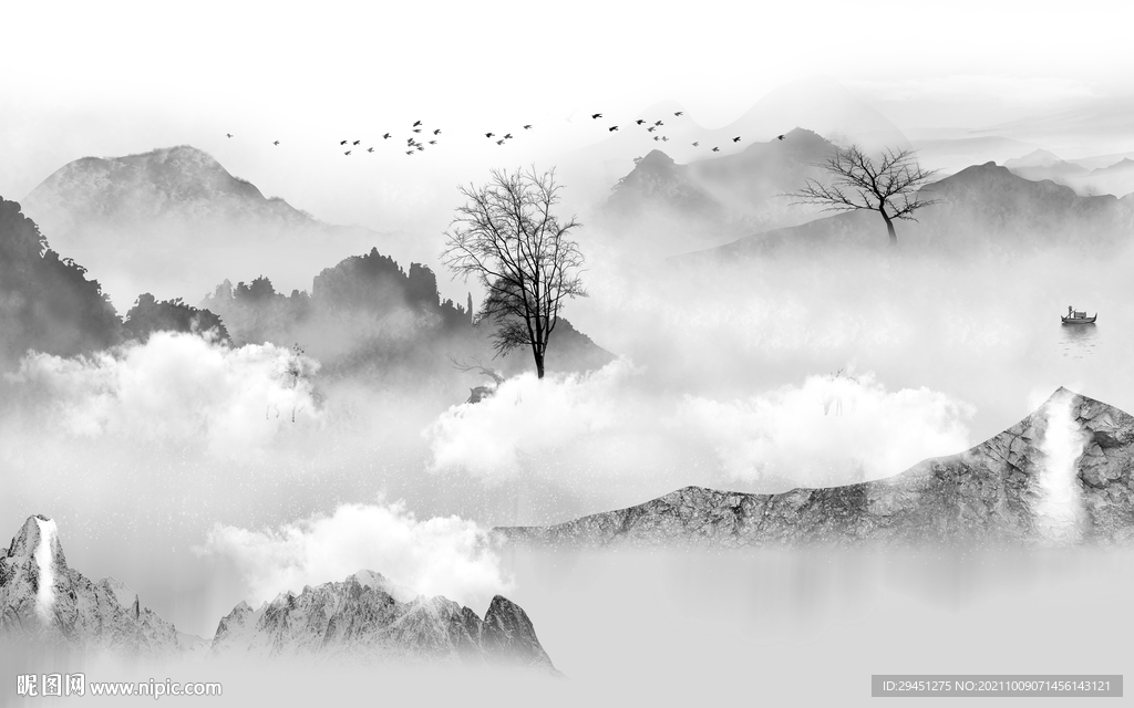 最新灰色新山水画 tif分层