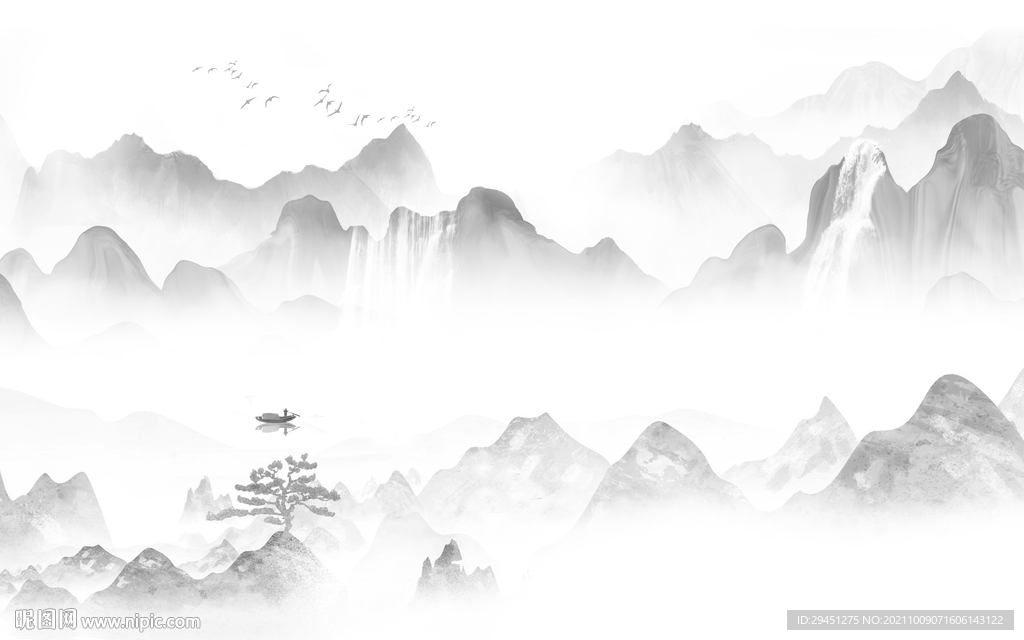 高档 灰色新山水画 tif分层