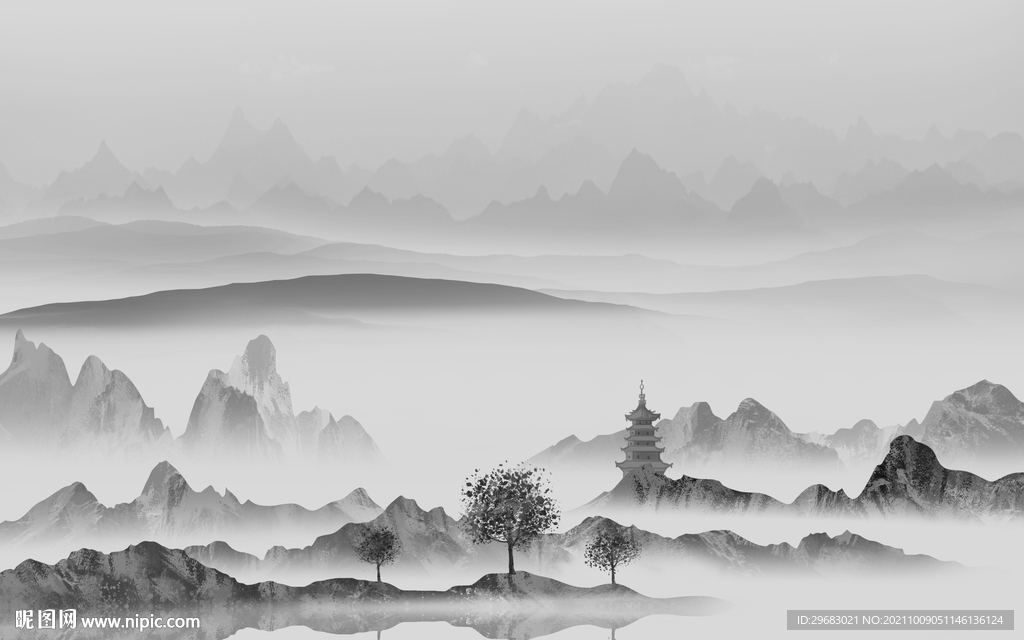 简约 现代灰色山水 tif分层
