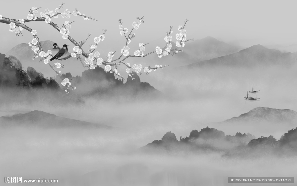 简约最新灰色山水 tif分层