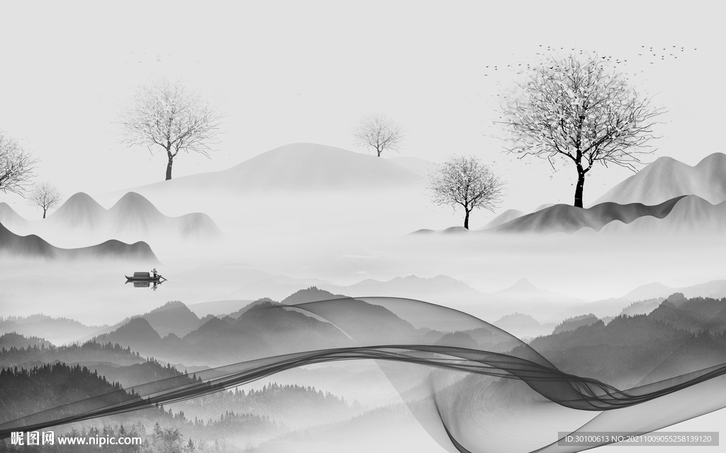 新中式客厅意境山水 文件分层 