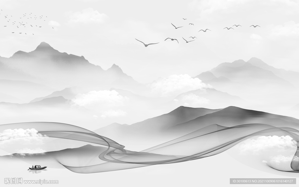 中国风客厅灰色山水 文件分层 