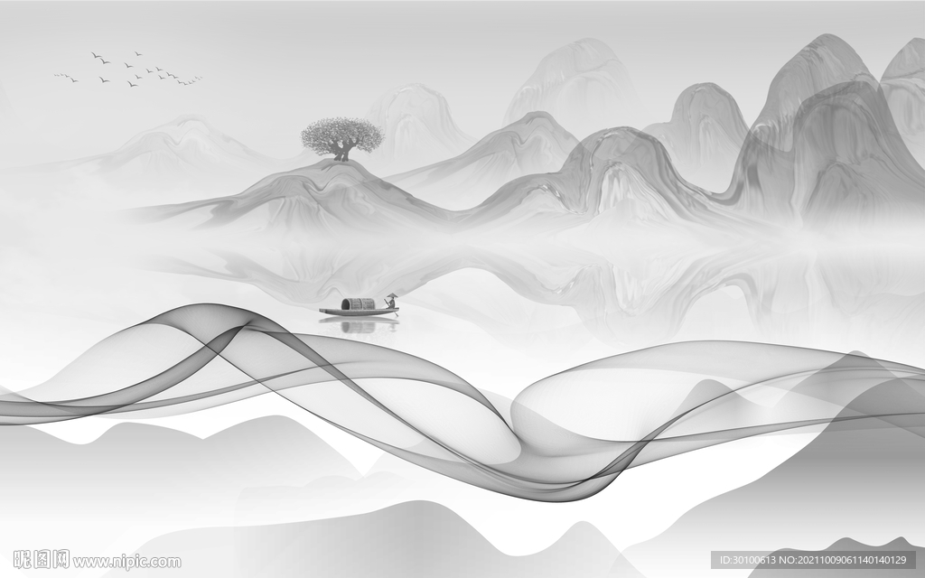 高清 客厅灰色山水 文件分层 