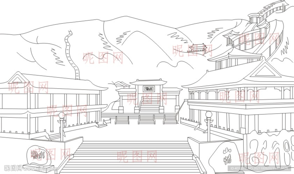线描中式古典建筑
