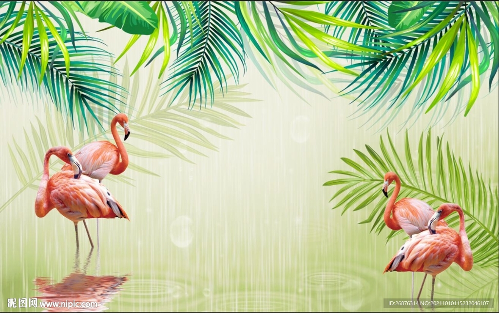 热带雨林火烈鸟背景装饰画