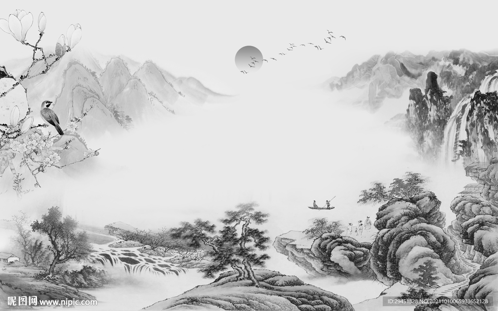 高清 客厅灰色山水 tif分层